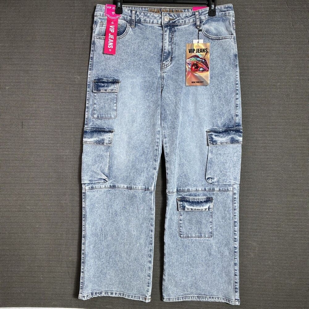 VIP Jeans Womens Size 15/16 Blue Sculpting Stretch Cargo Denim Pants Acid Wash.